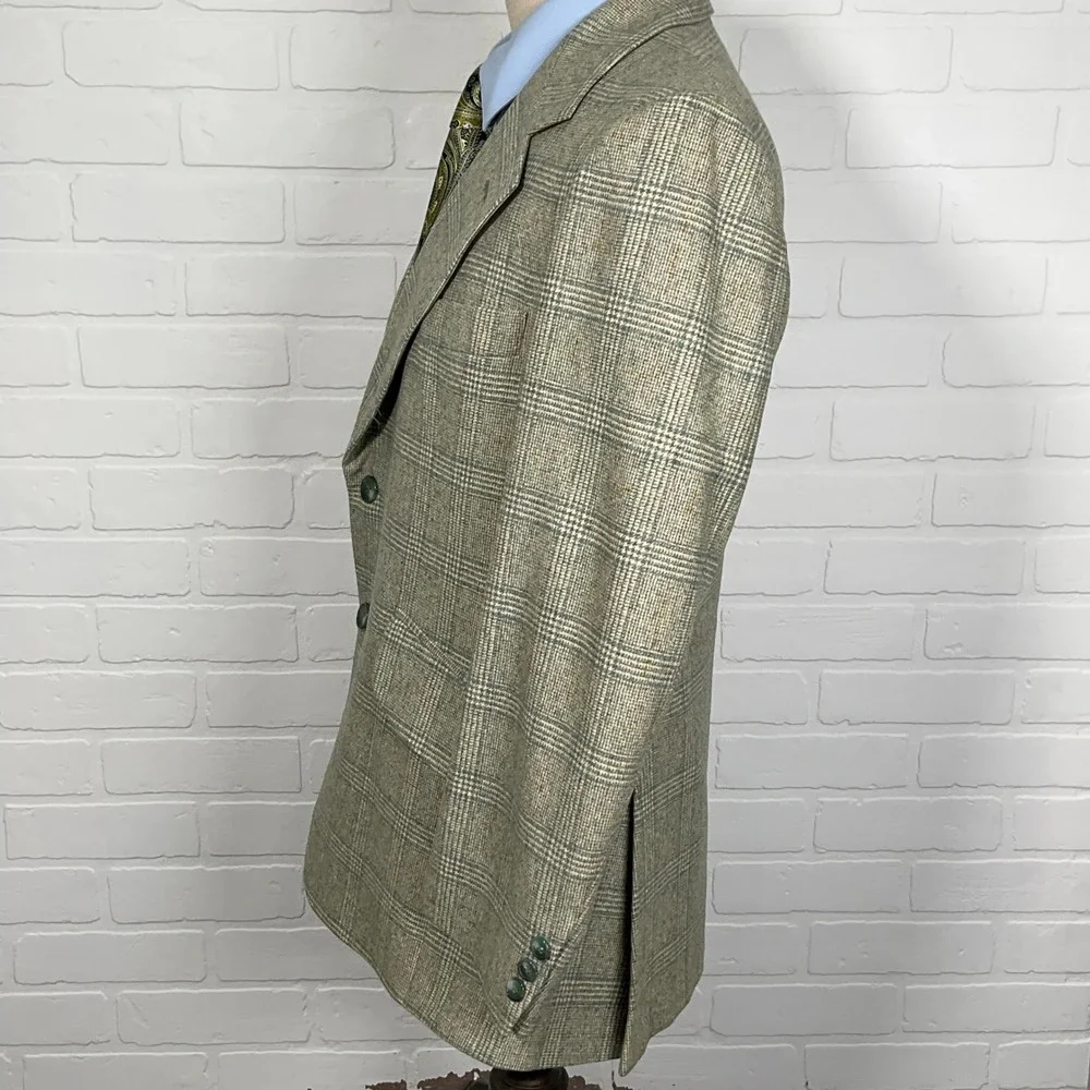 Geoffrey Beene Blazer Men 40 Green‎ Windowpane Plaid Two Button Tweed Wool VTG